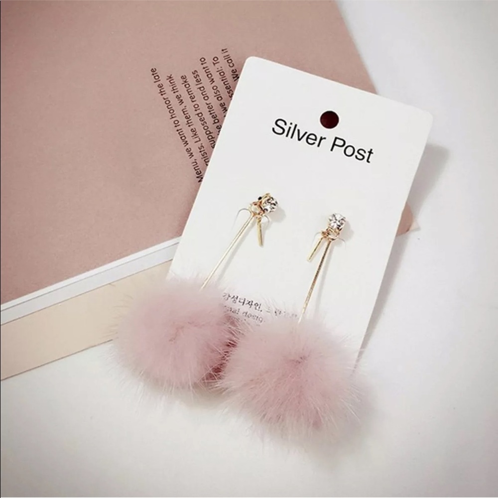Dangle White Faux-Mink Furry Pom Pom Earrings - Picture 2 of 4